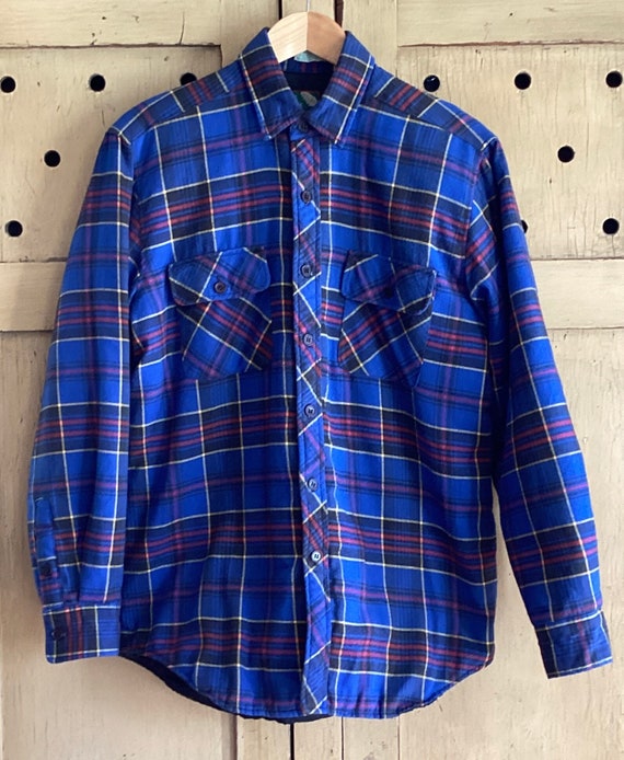 Vintage 60s 70s Blue Plaid Flannel Shirt - Single… - image 1