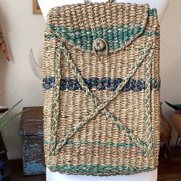 Vintage Woven Straw Palm Raffia Backpack / Purse - Basket Weave - Neutral / Blue / Green - Hippie Nomad Bohemian Wanderlust