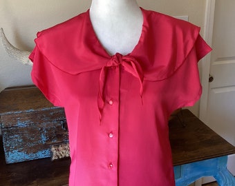 Vintage Neck Tie Blouse - Rouge Pink - Sheer Beauty - short Sleeves - Pin Up - Romantic - Cottagecore - Small