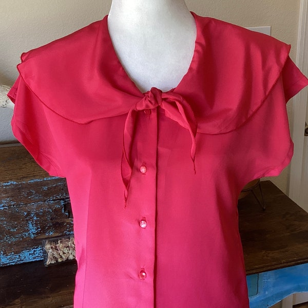 Vintage Neck Tie Blouse - Rouge Pink - Sheer Beauty - short Sleeves - Pin Up - Romantic - Cottagecore - Small