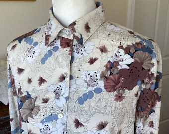Vintage 70s Cool Floral Shirt - Alex Colman Sportswear - Single Stitch - Retro Nylon Blend Blouse - Small