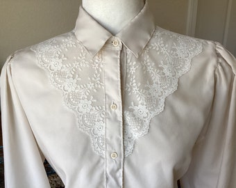 Vintage Panhandle Slim Lace Blouse - Lace Yolk / Cuffs - Western /  Prairie / Cottagecore - USA - Medium