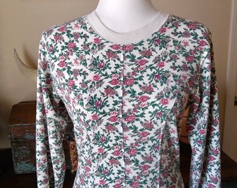 Vintage Floral Shirt Dress - Fit / Flare - White Pink Green - Romantic Prairie / Cottage core  - Small