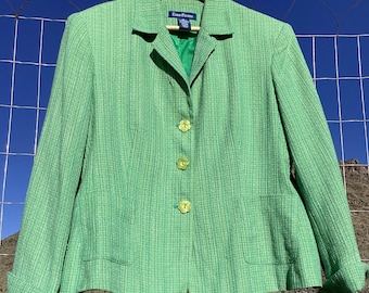 Vintage Evan Picone Lightweight Tweed Blazer / Duster - Colorful Lime / Turquoise - Cotton Blend - Oversized / Large