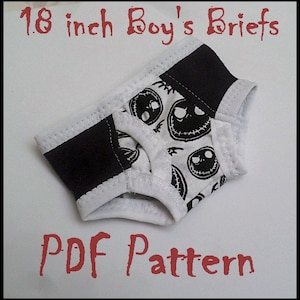 Könnte beinhalten: Ein schwarz-weißes Stoffmuster für 45,7 cm Jungen-Slips. Der Stoff zeigt ein sich wiederholendes Muster eines Comic-Charakters. Der Text "PDF Pattern" ist unten im Bild in Rot geschrieben.