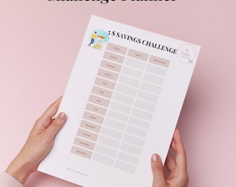 May include: A printable $5 Savings Challenge Planner with a pink background. The planner includes a chart for tracking savings by month. The text "5 $ Savings Challenge Planner" is at the top. The words "Printable PDF" and "Download" are also visible.
