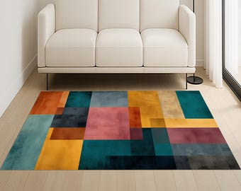 Abstract Geometric Color Block Rug: Modern Art Squares Design