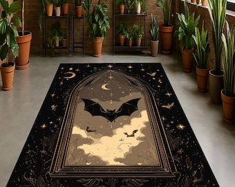 Gothic Bat Moon Rug: Occult Halloween Decor