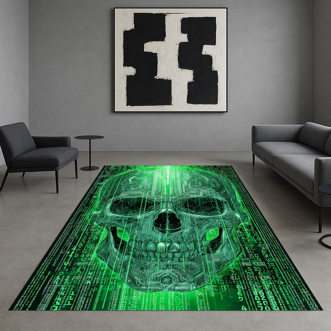 Cyber Rug Cyber Skull Rug: Neon Green Circuit, Gamer Decor - Etsy