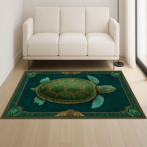 Puede incluir: Una alfombra rectangular con un diseño detallado de tortuga. La alfombra tiene un fondo verde azulado con un borde dorado y una tortuga grande y ornamentada en tonos verdes y dorados. La alfombra está colocada en una habitación con un sofá blanco.