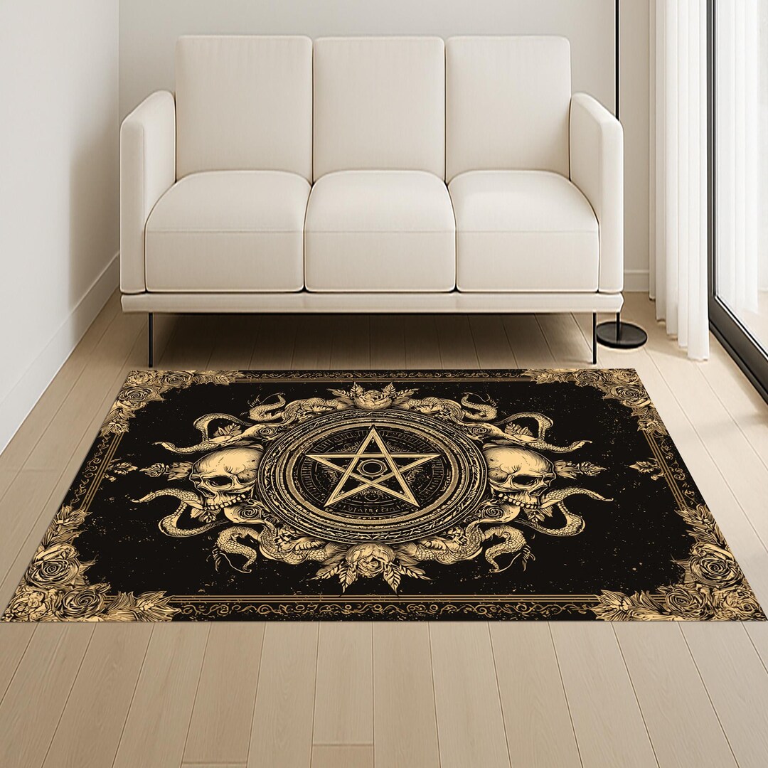 Pentagram Rug Design Occult Pentagram Rug: Skull Snake Gothic Design - Black & Gold - Etsy