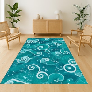 Ocean Wave Rug: Turquoise Sea Swirl, Coastal Beach Decor