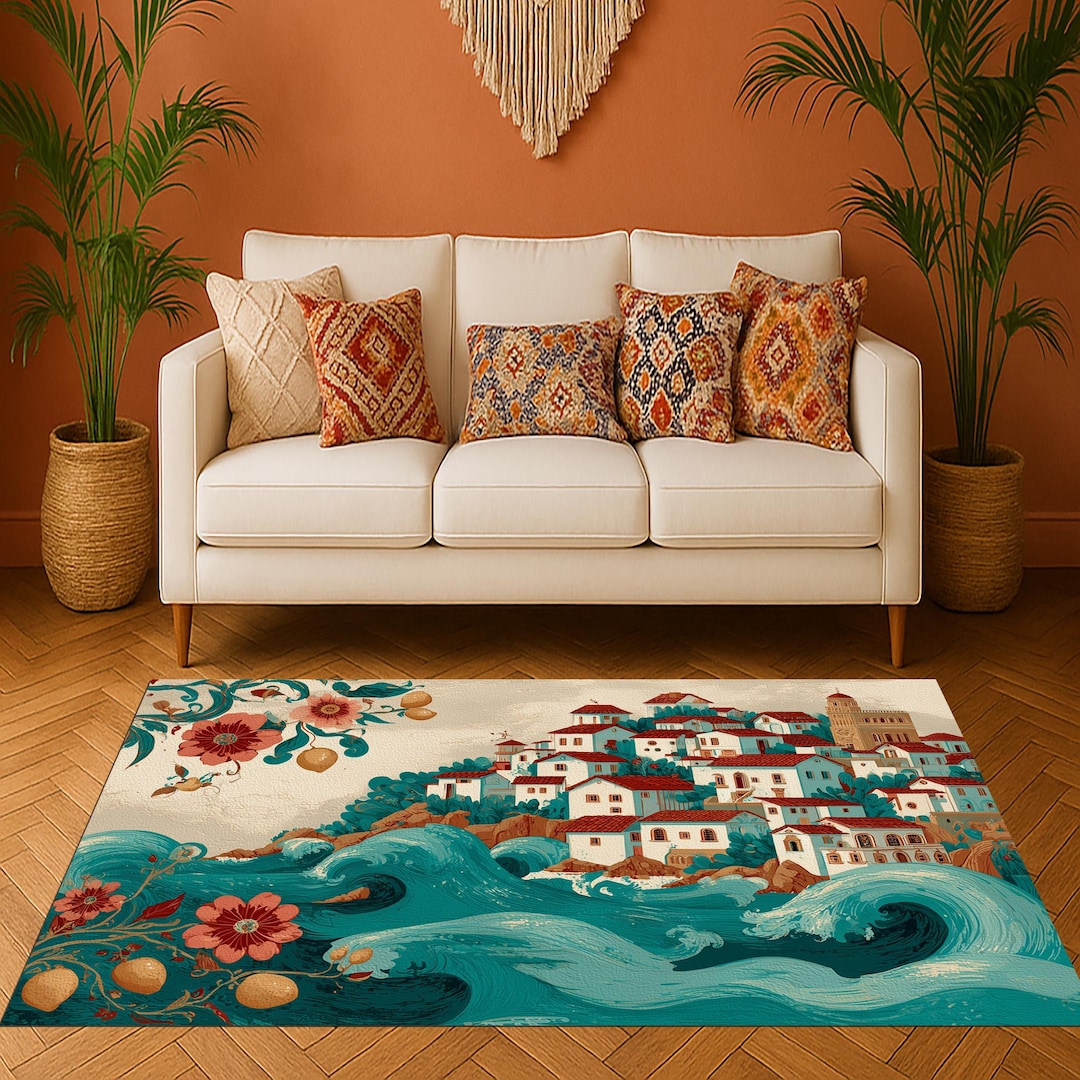 Mediterranean Village Rug: Coastal Waves With Colorful Seaside Houses ...