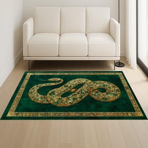 May include: A rectangular green rug with a gold border, featuring a coiled snake design in gold and brown. The rug is placed in a room with a white sofa. The snake design is detailed and the rug has a dark green background.