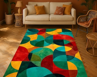 May include: A colorful area rug with a geometric design. The rug features a pattern of overlapping shapes in red, yellow, green, and teal. The rug is rectangular and appears to be made of a soft material.
