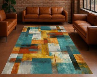 Mid-Century Modern Rug: Geometric Color Block Abstract Design