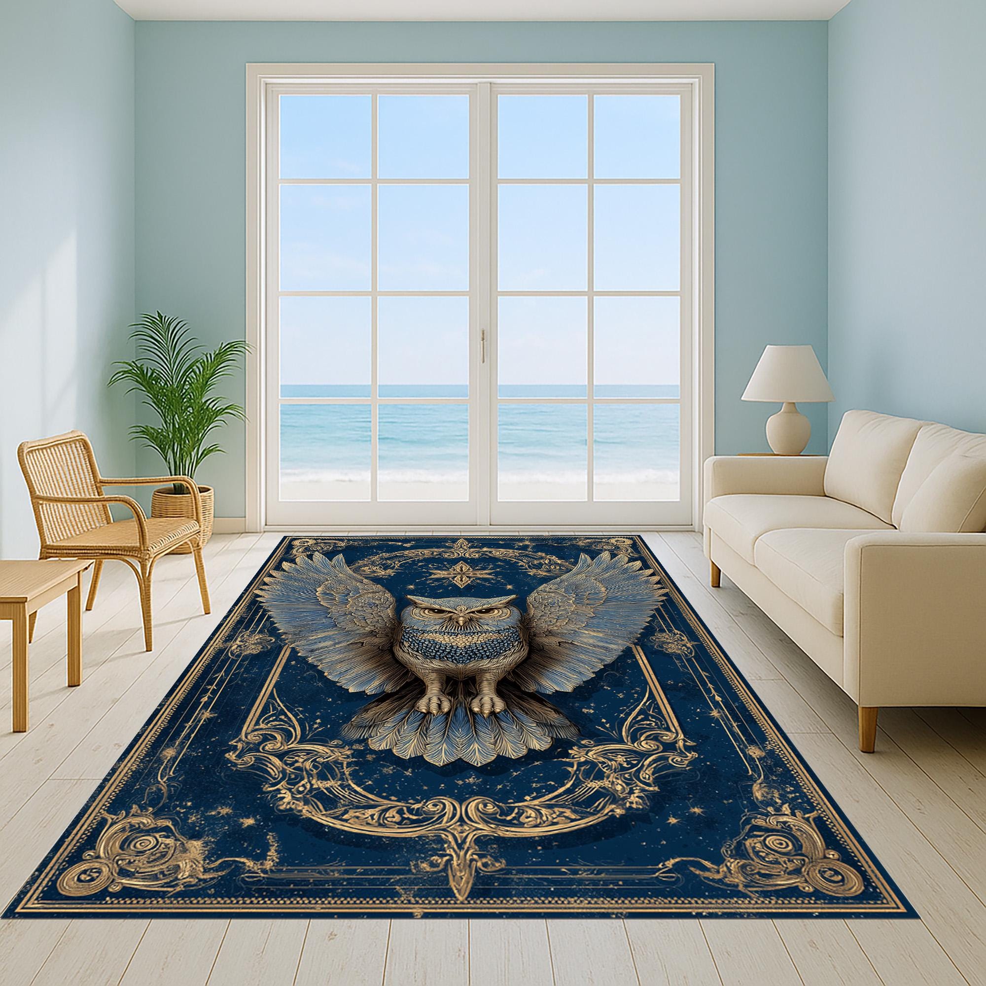 Blue Gold Owl Rug Gothic Celestial Area Rug