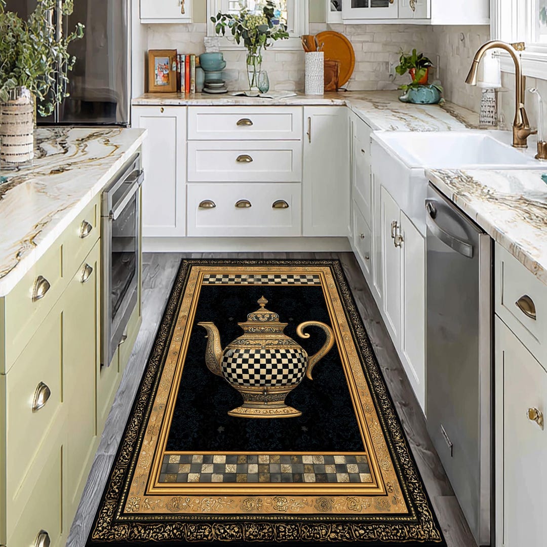 Elegant Teapot Rug: Black Gold Kitchen Runner Carpet, Checkerboard ...