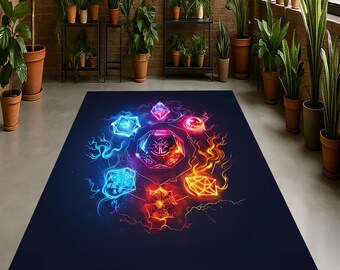 Tapete Arcano Místico: Símbolos Mágicos Elementares, Brilho Neon Azul e Vermelho, Decoração de Fantasia para Casa