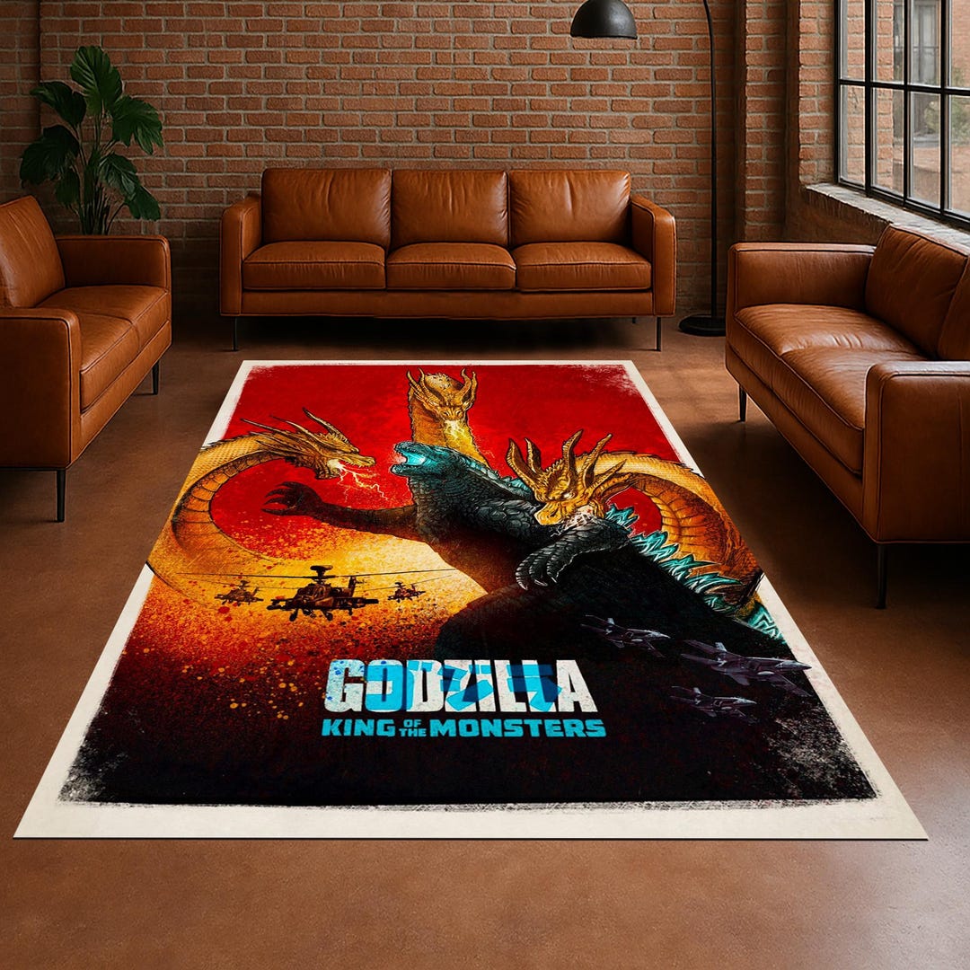 Godzilla Battle Rug: Red Gold Blue Monster Artwork, Epic Fantasy ...