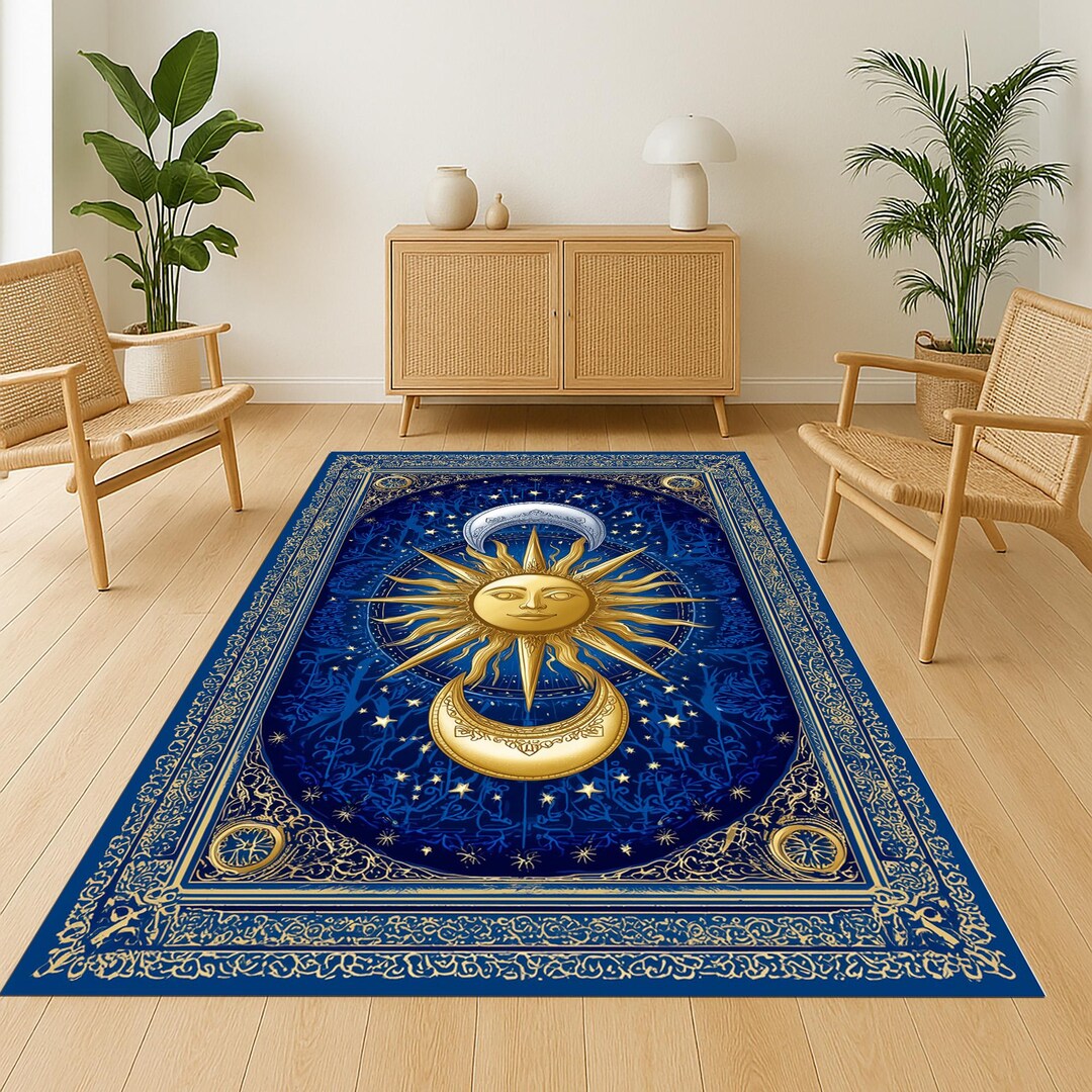 Celestial Rugs Celestial Sun and Moon Rug: Golden Starry Night Design - Etsy