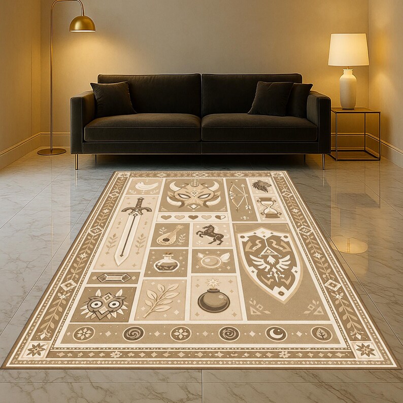 Zelda Hylian Crest Rug:beige Triforce Carpet, Ornate Symbol Design ...