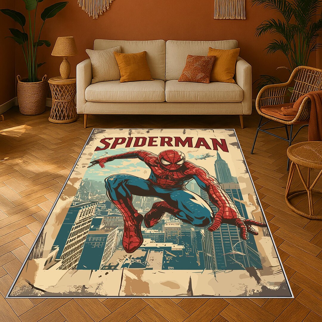 Spiderman Rug: Retro Comic Style Art, Superhero Web Cityscape Design ...