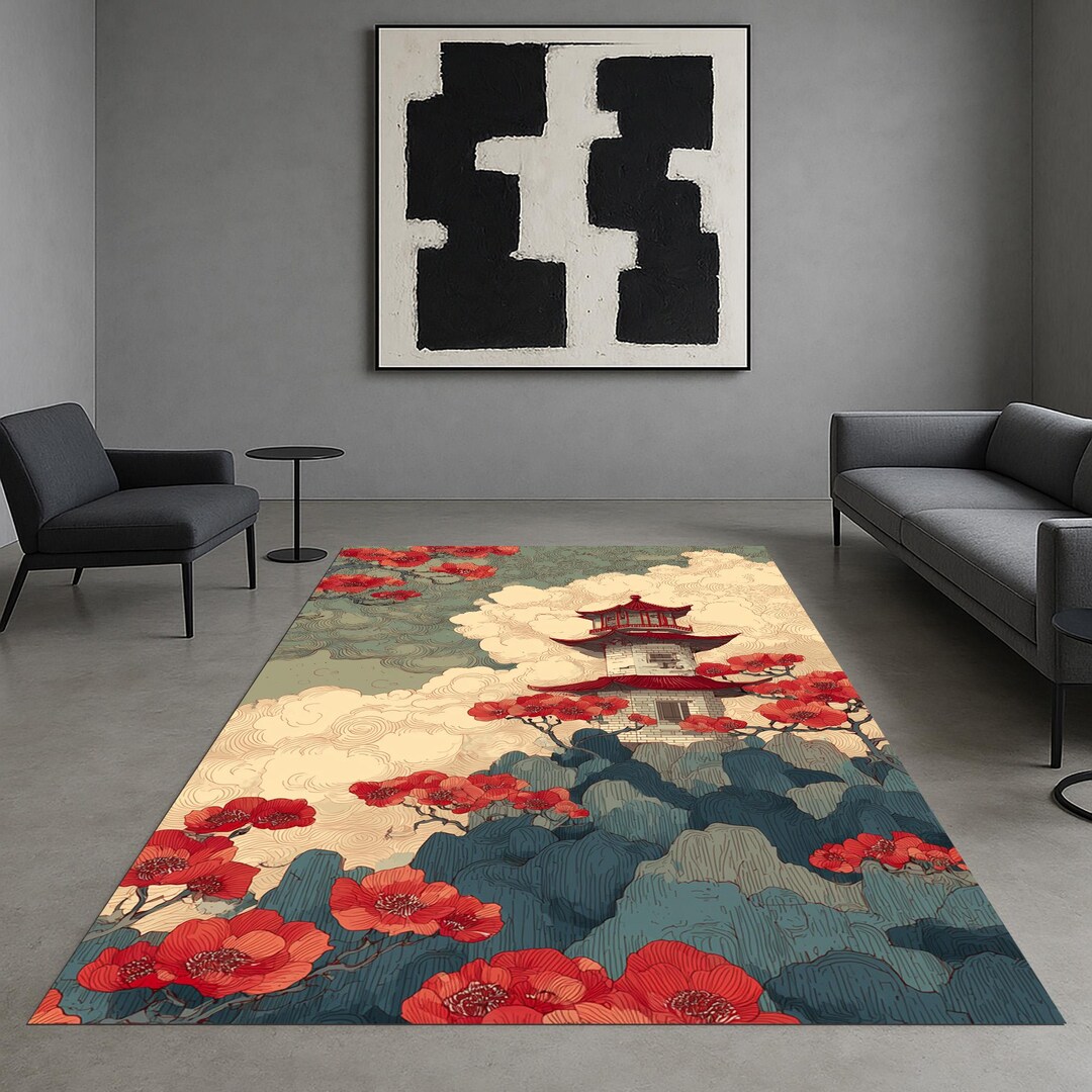 Cherry Blossom Pagoda Rug: Asian Garden Scenic Art - Etsy