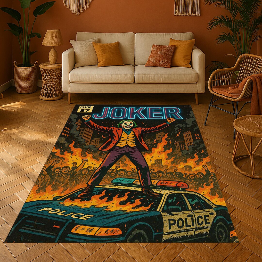 Joker Rug: Retro Comic Villain Scene, Dark Chaos Flames - Etsy