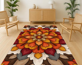 Bohemian Mandala Flower Rug: Colorful Abstract Floral Design