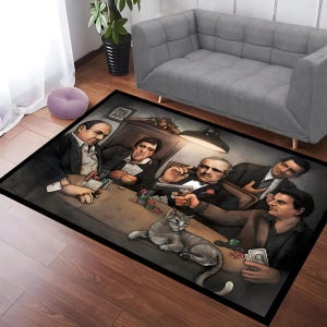 Alfombra de póker de la mafia, alfombra de arte de gánsteres vintage, alfombra estilo película clásica oscura, alfombra con escena de mesa de póker, decoración de suelo única y llamativa