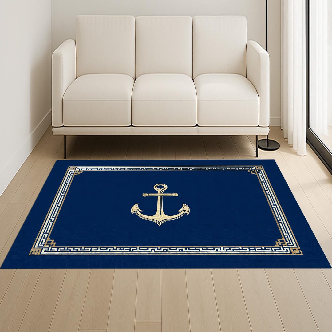 Nautical Anchor Rug: Blue & White, Non-slip Cotton Backing - Etsy