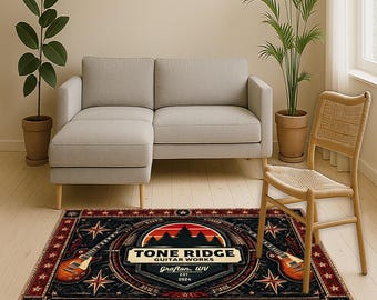 Tappeto personalizzato per negozio di chitarre, tappeto personalizzato per studio di registrazione, tappeto vintage per chitarra elettrica, arredamento rustico a tema rock, tappeto con logo personalizzato