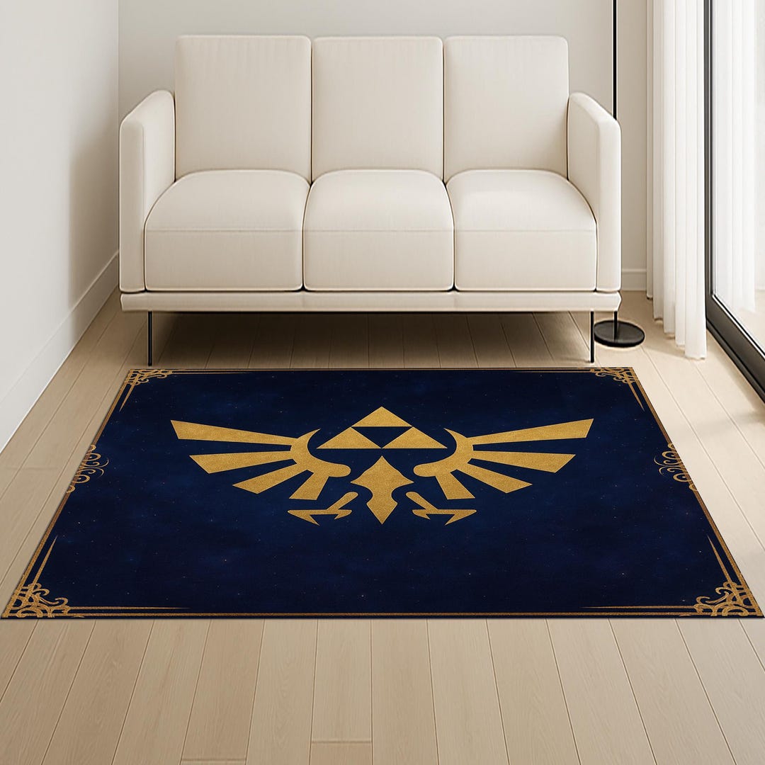 Zelda Triforce Rug: Navy Blue Hylian Emblem Gamer Decor - Etsy