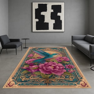 Hummingbird Rug, Bird Floral Rug, Ornamental Bird Rug, Botanical Bird Rug, Flying Bird Rug, Exotic Bird Rug, Floral Bird Rug, Bird Art Rug