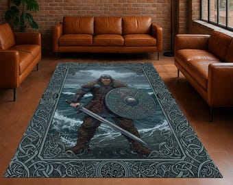 Viking Warrior Rug: Norse Mythology Battle Scene, Celtic Knot Frame