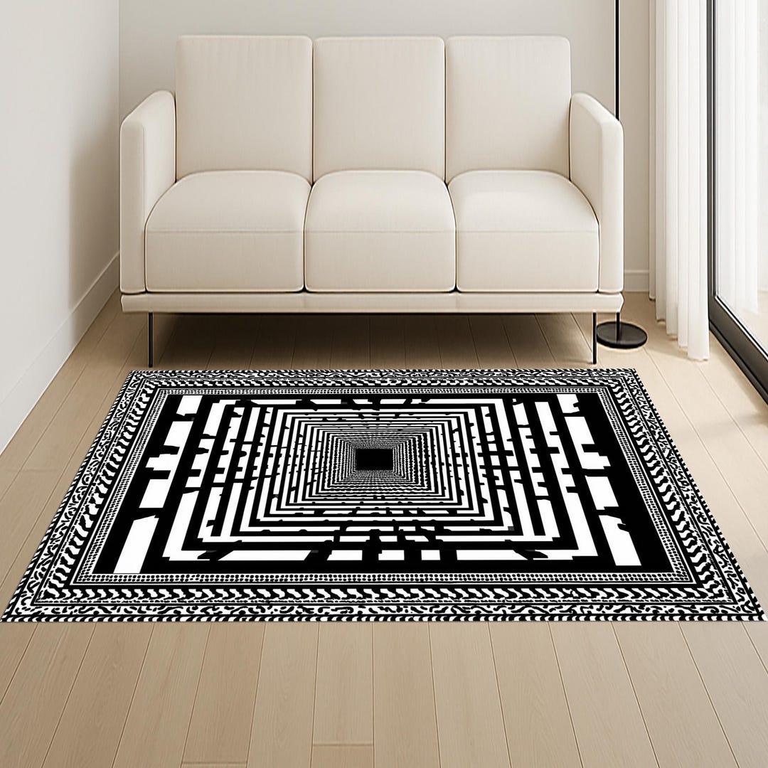 Geometric Maze Optical Illusion Rug: Black and White Abstract Art - Etsy