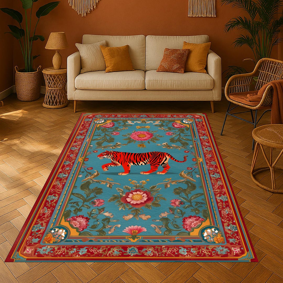 Tiger Floral Rug: Red Jungle Cat Accent Decor - Etsy