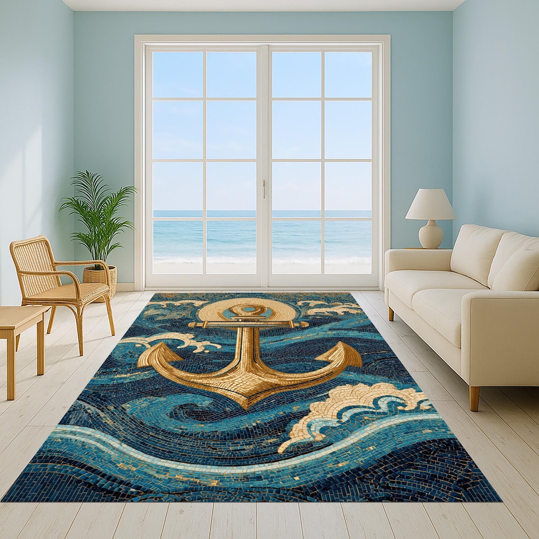 Nautical Anchor Rug: Golden Ocean Design, Non-slip Cotton Backing - Etsy