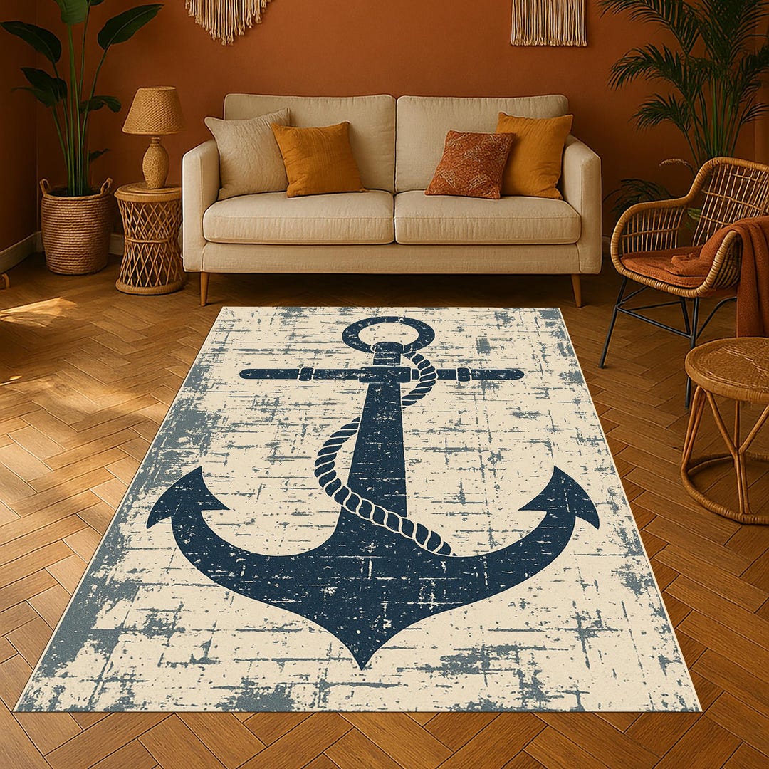 Nautical Anchor Rug: Navy Blue Maritime Home Decor - Etsy