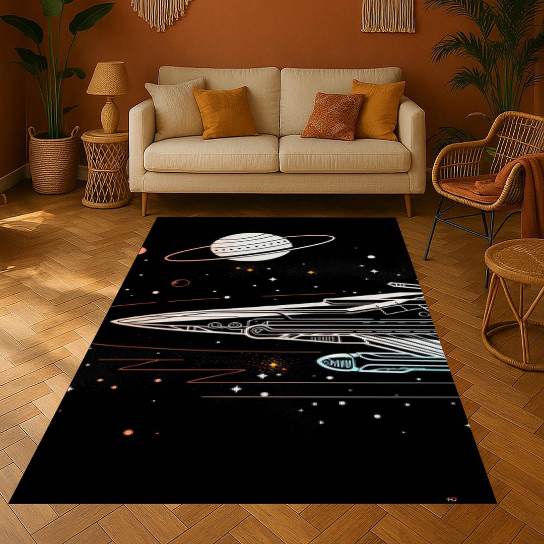 Minimalist Sci-fi Space Rug – Futuristic Spaceship Art Area Rug, Black ...