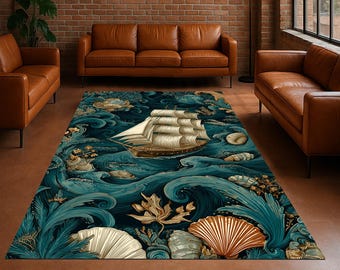 May include: A rectangular area rug with a nautical theme. The rug features a detailed illustration of a sailing ship on a teal ocean with large waves, seashells, and aquatic plants. The rug is placed on a brown floor.