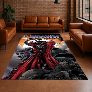 Könnte beinhalten: Rechteckiger Teppich mit Comic-Cover-Design. Der Teppich zeigt eine Figur in einem roten Umhang mit einem Wolf und dem Wort "SPAWN". Der Hintergrund zeigt einen orangefarbenen Himmel und dunkle Silhouetten.