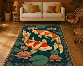 Koi Fish Lotus Pond Rug: Japanese Garden Decor