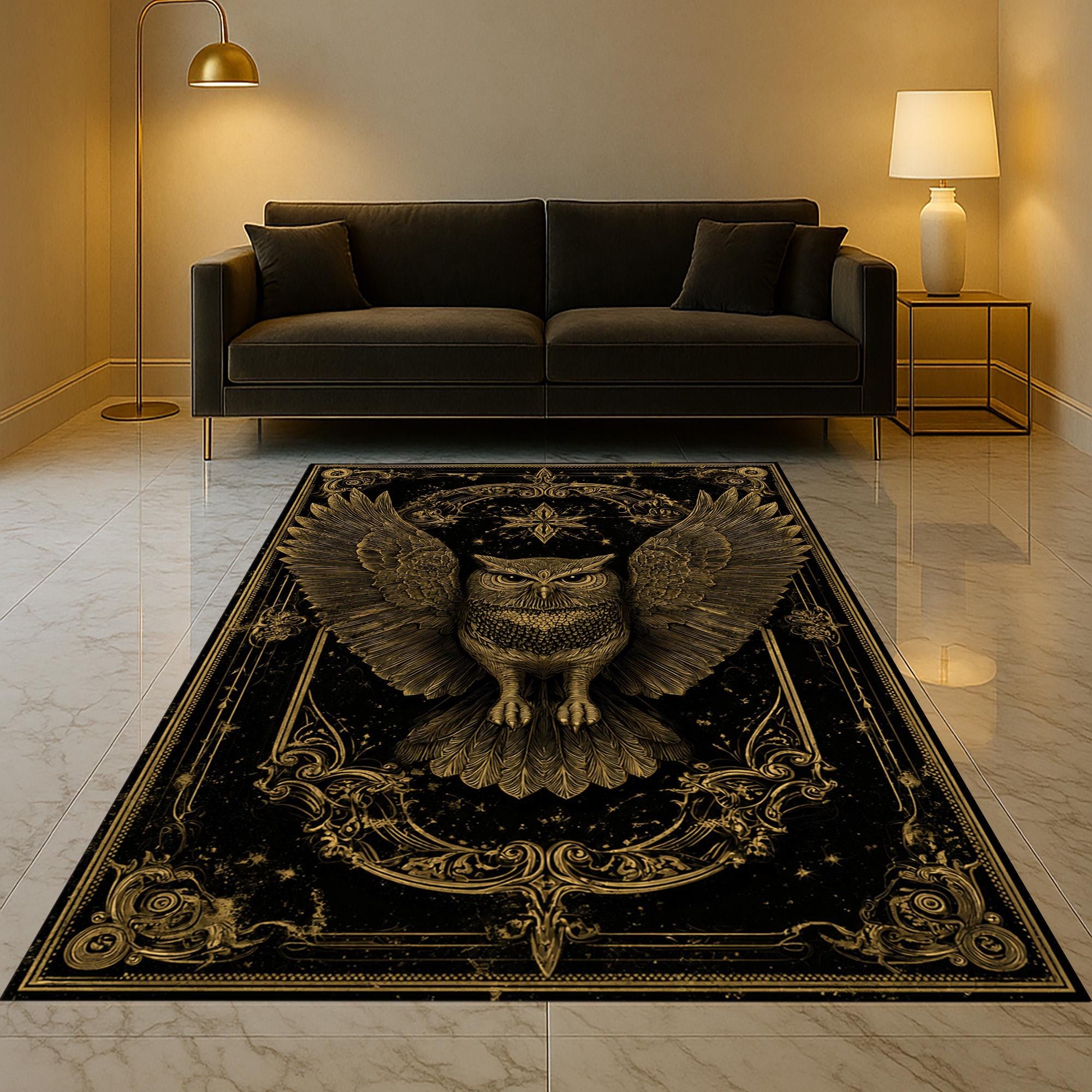 Mystic Owl Rug Black Gold Gothic Area Rug