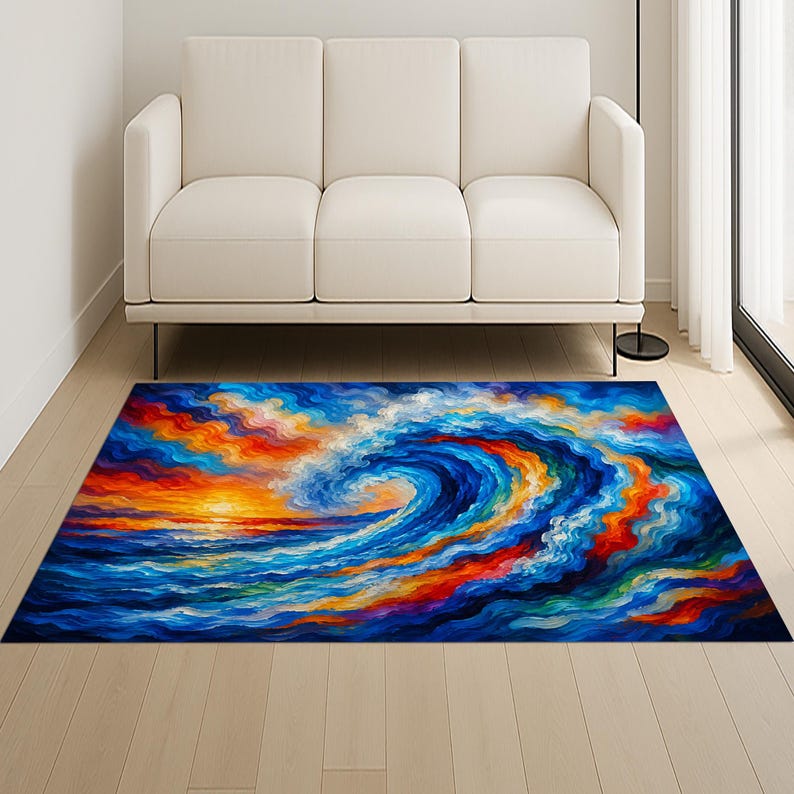 Colorful Ocean Wave Rug, Abstract Seascape Area Rug, Sunset Wave ...