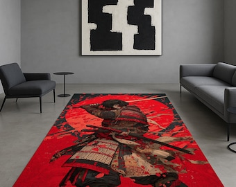 May include: A rectangular red area rug featuring a samurai warrior illustration. The design includes a red sun, a warrior in armor, and swords. The rug is placed in a modern living room setting with gray furniture and a black and white abstract painting.