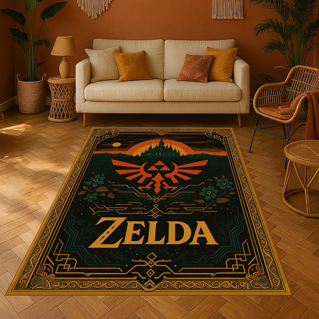 Zelda Triforce Rug: Hyrule Castle Landscape, Hylian Crest Design - Etsy