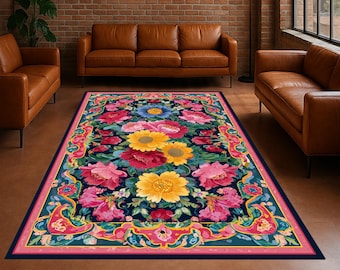 Colorful Floral Rug: Bohemian Garden Style, Non-Slip Cotton Backing