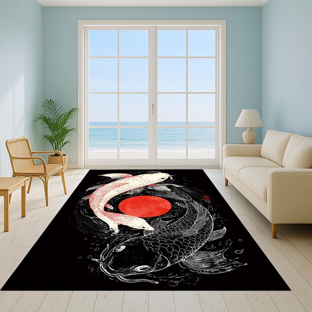 Red Koi Rug Minimalist Koi Fish Rug: Japanese Zen Style, Black and Red - Etsy